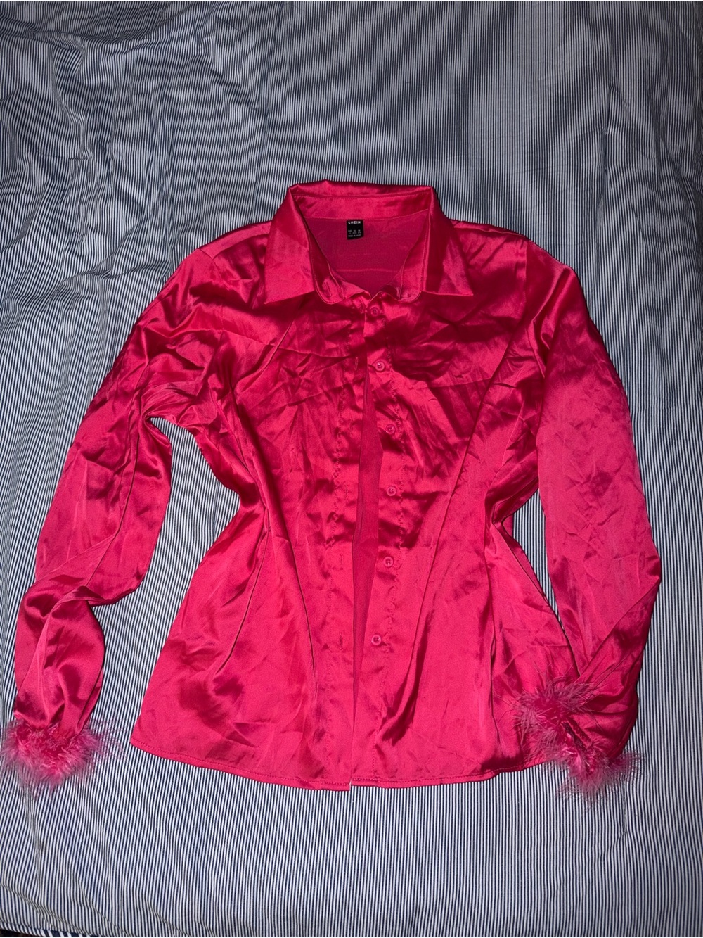 Fuchsia Satin Button-Up Blouse with Feather Cuffs